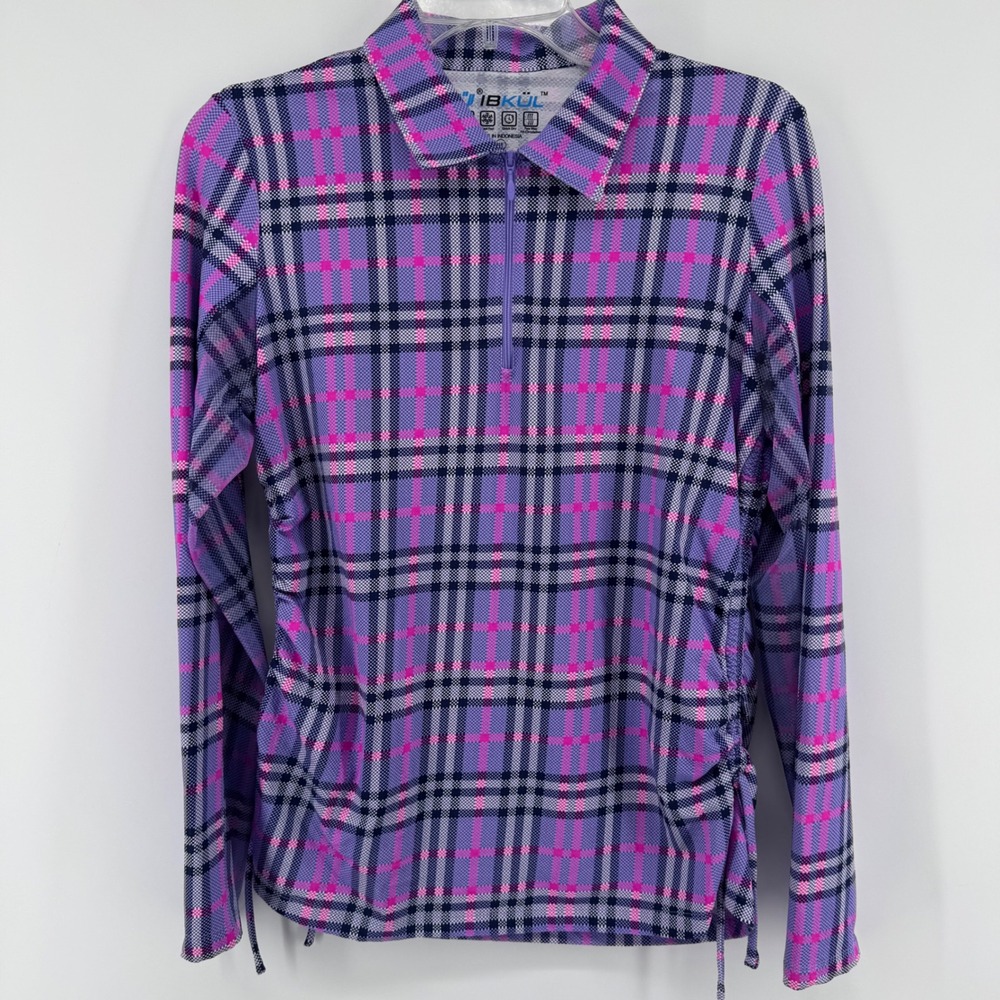 IBKÜL Quarter Zip Sun Shirt Womens Medium Purple Plaid UPF 50+ Ruched Side